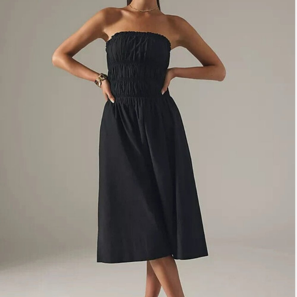 Anthropologie Maeve Strapless Smocked Dress S Women Casual Black Midi NWT 34127